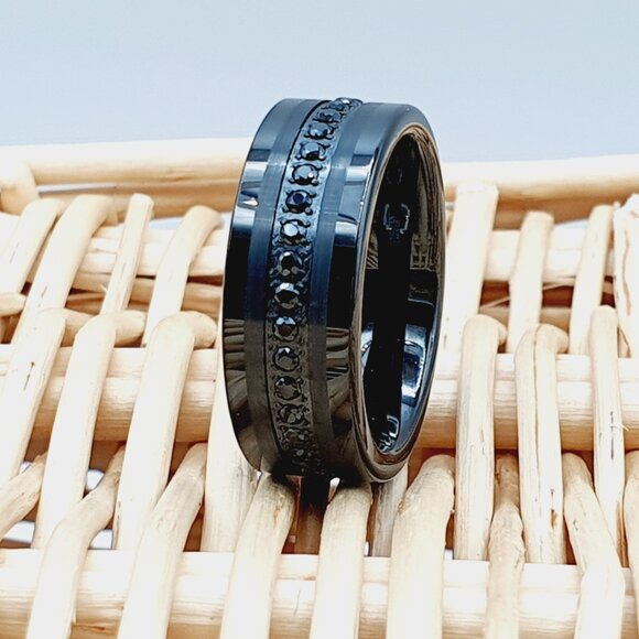 Round Cut Black CZ Inlay Engagement Ring for Man Woman, GALTUN775 - Picture 5 of 5